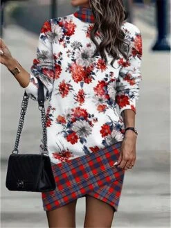 Women's Casual Dress Sweatshirt Dress Winter Dress Floral Plaid Ruched Print Turtleneck Mini Dress Fashion Streetwear Outdoor Daily Long Sleeve Loose Fit Yellow Red Green Fall Winter S M L XL XXL -Tesla Style twyxqd1694594395123
