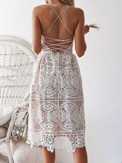 Women's Party Dress Lace Dress White Dress Midi Dress Black White Sleeveless Pure Color Lace Spring Summer V Neck Party S M L XL -Tesla Style txdena1632569105865