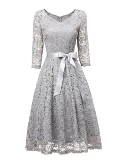 Women‘s Vintage Tea Dresses Party Dress Lace Dress Homecoming Dress Knee Length Dress Pink Wine Navy Blue 3/4 Length Sleeve Pure Color Lace Summer Spring Fall V Neck Classic Winter Dress -Tesla Style txhufg1600920043869
