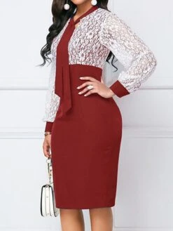 Women's Party Dress Lace Dress Bodycon Midi Dress Red Blue Green Long Sleeve Color Block Lace Spring Fall Winter Crew Neck Fashion Winter Dress Birthday Wedding Guest 2023 S M L XL XXL 3XL 4XL 5XL -Tesla Style txpdze1692689048600