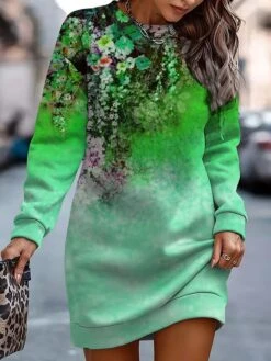 Women's Casual Dress Sweatshirt Dress Winter Dress Floral Print Crew Neck Mini Dress Fashion Streetwear Outdoor Daily Long Sleeve Loose Fit Yellow Pink Green Fall Winter S M L XL XXL -Tesla Style txqlay1693907115375