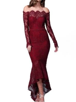 Women‘s Cocktail Party Dress Wedding Guest Dress Lace Dress Midi Dress Black White Wine Long Sleeve Pure Color Lace Winter Fall Autumn Off Shoulder Elegant Winter Dress Fall Dress 2023 S M L XL -Tesla Style txrmey1635409559572