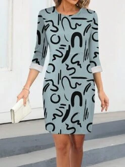 Women's Work Dress Casual Dress Sheath Dress Fashion Winter Dress Office Daily Midi Dress Print Crew Neck 3/4 Length Sleeve Letter Regular Fit Navy Blue Blue Green Fall Winter S M L XL XXL