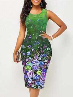 Women's Work Dress Sheath Dress Semi Formal Dress Fashion Midi Dress Print Crew Neck Sleeveless Floral Slim Pink Red Blue Summer Spring S M L XL XXL -Tesla Style txvldt1677122659282