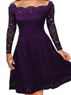Women‘s Party Dress Homecoming Dress Lace Dress Midi Dress Black Wine Dusty Blue Long Sleeve Pure Color Lace Fall Spring Off Shoulder Elegant Winter Dress Wedding Guest 2023 -Tesla Style tyalvy1603105993535