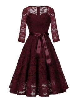 Women's Party Dress Lace Dress Vintage Dress Midi Dress Black Wine Navy Blue 3/4 Length Sleeve Pure Color Lace Summer Spring Fall Square Neck Fashion Wedding Guest Birthday Vacation 2023 S M L XL XXL