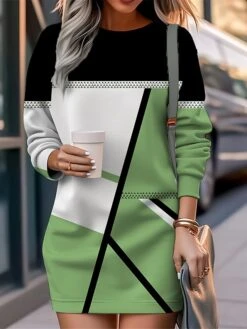 Women's Casual Dress Sweatshirt Dress Mini Dress Warm Fashion Outdoor Vacation Going Out Crew Neck Print Geometric Loose Fit Pink Royal Blue Blue S M L XL XXL -Tesla Style tymnac1694576821515