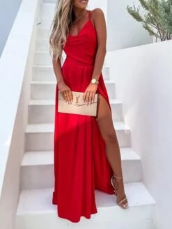 Women's Prom Dress Party Dress Satin Dress Pink Dress Long Dress Maxi Dress Fuchsia Khaki Sleeveless Pure Color Backless Summer Spring Fall Spaghetti Strap Fashion Birthday Evening Wedding Guest 2023 -Tesla Style tyshcs1663237140355