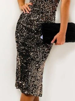 Women‘s Party Dress Homecoming Dress Sequin Dress Bodycon Midi Dress Black Short Sleeve Pure Color Sequins Fall Spring Summer Stand Collar Office 2023 S M L XL -Tesla Style tytwye1660904988249