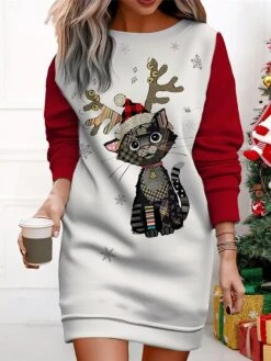Women's Christmas Casual Dress Sweatshirt Dress Mini Dress Warm Fashion OutdoorVacation Crew Neck Print Animal Loose Fit Black Yellow Red S M L XL XXL -Tesla Style tyziel1695365431467