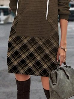 Women's Casual Dress Hoodie Dress Winter Dress Plaid Button Print Hooded Mini Dress Fashion Streetwear Outdoor Daily Long Sleeve Regular Fit Brown Fall Winter S M L XL XXL -Tesla Style tzgese1694679310650