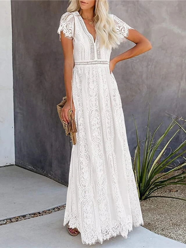 Women's Party Dress Lace Dress Swing Dress Long Dress Maxi Dress Pink White Short Sleeve Pure Color Lace Spring Summer V Neck Modern 2023 S M L XL XXL 14 Women's Party Dress Lace Dress Swing Dress Long Dress Maxi Dress Pink White Short Sleeve Pure Color Lace Spring Summer V Neck Modern 2023 S M L XL XXL - Image 12