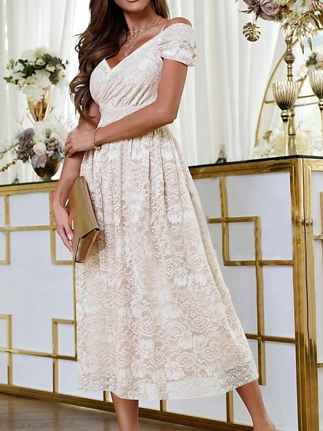 Women‘s Party Dress Lace Dress Cocktail Dress Special Occasion Holiday Wedding Guest Midi Dress Party Stylish V Neck Short Sleeve Lace Backless Loose Fit Beige Flower S M L XL 2XL 5 Women‘s Party Dress Lace Dress Cocktail Dress Special Occasion Holiday Wedding Guest Midi Dress Party Stylish V Neck Short Sleeve Lace Backless Loose Fit Beige Flower S M L XL 2XL - Image 3