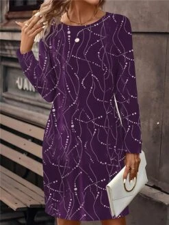 Women's Casual Dress Sweatshirt Dress Mini Dress Active Fashion Outdoor Holiday Vacation Crew Neck Print Geometric Loose Fit Wine Navy Blue Purple S M L XL XXL -Tesla Style uaetxs1696756984089