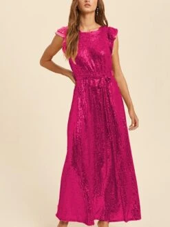 Women‘s Prom Dress Party Dress Sequin Dress Long Dress Maxi Dress Rose Short Sleeve Pure Color Sparkly Glitter Lace Up Fall Winter Autumn Crew Neck Fashion Evening Party Vacation 2023 S M L X -Tesla Style uantom1694505428160