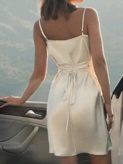 Women's Party Dress Satin Dress Semi Formal Dress Mini Dress Beige Light Blue Sleeveless Pure Color Backless Summer Spring Spaghetti Strap Party Vacation Summer Dress Spring Dress 2023 S M L XL -Tesla Style ubffio1676452340492