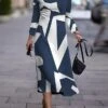 Women's Work Dress Casual Dress Semi Formal Dress Fashion Winter Dress Daily Midi Dress Print Crew Neck Long Sleeve Geometric Color Block Slim Navy Blue Purple Brown Fall Winter S M L XL XXL -Tesla Style ubgdcq1694157005665