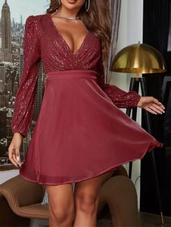 Women‘s Party Dress Homecoming Dress Cocktail Dress Mini Dress Black White Wine Long Sleeve Floral Sequins Sparkly Glitter Spring Fall Winter V Neck Fashion Wedding Guest Birthday Vacation Slim -Tesla Style ubnusi1692682911853