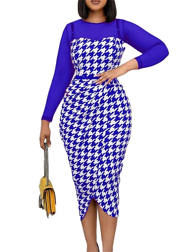 Women's Work Dress Casual Dress Sheath Dress Fashion Office Daily Workfashion Midi Dress Split Print Crew Neck Long Sleeve Houndstooth Regular Fit Red Blue Fall Winter S M L XL XXL 6 Women's Work Dress Casual Dress Sheath Dress Fashion Office Daily Workfashion Midi Dress Split Print Crew Neck Long Sleeve Houndstooth Regular Fit Red Blue Fall Winter S M L XL XXL - Image 4