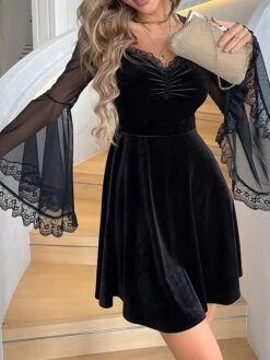 Women‘s Party Dress Velvet Dress Cocktail Dress Black Dress Mini Dress Long Sleeve Pure Color Ruched Fall Winter Autumn V Neck Fashion Winter Dress Birthday Wedding Guest 2023 S M L XL -Tesla Style ucdeep1693213933227