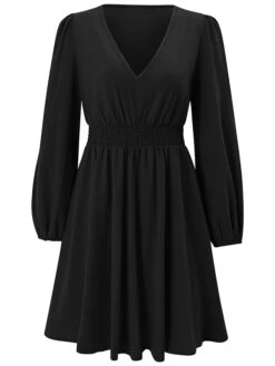 Women's Work Dress Black Dress Semi Formal Dress Fashion Mini Dress Ruched V Neck Long Sleeve Plain Regular Fit Black Red Blue Fall Winter S M L XL -Tesla Style ucjipw1693300599456