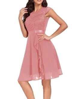 Women's Party Dress Lace Dress Cocktail Dress Midi Dress Black Pink Wine Short Sleeve Pure Color Lace Spring Fall Winter Crew Neck Fashion Winter Dress Wedding Guest Vacation 2023 S M L XL XXL -Tesla Style ucqsns1692179773500