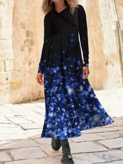 Women's Work Dress Casual Dress Swing Dress Fashion Winter Dress Daily Long Dress Maxi Dress Button Print V Neck Long Sleeve Floral Ombre Regular Fit Blue Gold Green Fall Winter S M L XL XXL -Tesla Style udbmli1695350909446