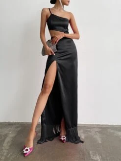 Women's Prom Dress Party Dress Fringe Dress Long Dress Maxi Dress Black Sleeveless Pure Color Tassel Fringe Fall Autumn Crew Neck Fashion Winter Dress Wedding Guest Birthday Slim 2023 S M L -Tesla Style udmyxs1693535458421