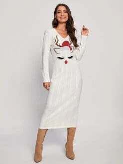 Women's Christmas Dress Sweater Dress Jumper Dress Midi Dress Warm Deer Outdoor Christmas Daily Holiday V Neck Long Sleeve 2023 Regular Fit White S M L XL XXL 3XL