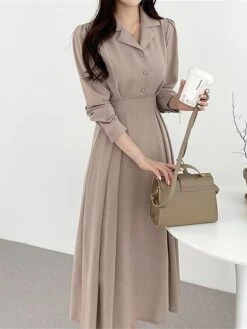 Women's Work Dress Semi Formal Dress A Line Dress Fashion Office Daily Workfashion Midi Dress Ruched Button Shirt Collar Long Sleeve Plain Loose Fit Black Brown Apricot Fall Winter S M L XL -Tesla Style ueenjn1695805441109