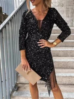 Women‘s Cocktail Party Dress Wedding Guest Dress Fringe Dress Sequin Dress Mini Dress Black Dark Green Brown Long Sleeve Pure Color Sequins Autumn V Neck Stylish Winter Dress Fall Dress 2023 S M L XL -Tesla Style ueeofo1666174886265