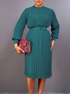 Women's Work Dress Casual Dress Black Dress Fashion Office Daily Workfashion Midi Dress Lace Up Pleated Crew Neck Long Sleeve Plain Regular Fit Black White Red Fall Winter S M L XL XXL -Tesla Style ueigtt1695645183417