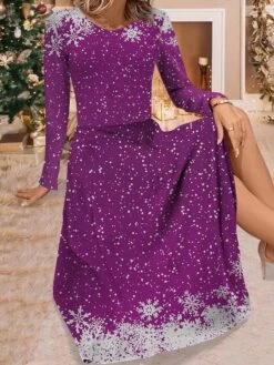Women's Work Dress Casual Dress Swing Dress Fashion Winter Dress Christmas Daily Midi Dress Print Crew Neck Long Sleeve Snowflake Regular Fit Wine Blue Purple Fall Winter S M L XL XXL -Tesla Style uejmvh1695350906145