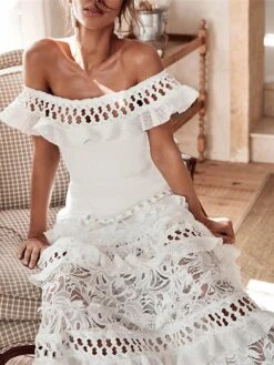 Women's A Line Dress Maxi Long Dress White Black Short Sleeve Solid Color Ruffle Spring Summer Off Shoulder Party Hot Romantic 2021 S M L XL -Tesla Style uejzad1697527436830