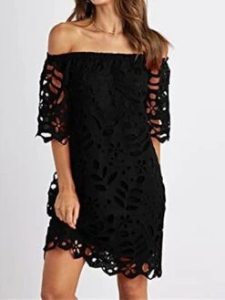 Women's Party Dress Cut Out Dress Cocktail Dress Midi Dress Black White Red Half Sleeve Pure Color Ruched Fall Winter Autumn Off Shoulder Fashion Winter Dress Wedding Guest Birthday 2023 S M L XL -Tesla Style uekxab1696490236204