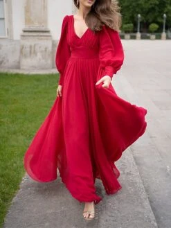 Women's Party Dress Cocktail Dress Wedding Guest Dress Long Dress Maxi Dress Wine Long Sleeve Pure Color Ruched Fall Winter Autumn V Neck Fashion Winter Dress Wedding Guest Birthday 2023 S M L XL -Tesla Style ueypje1696077525956