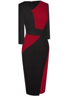 Women's Work Dress Sheath Dress Semi Formal Dress Fashion Midi Dress Patchwork V Neck 3/4 Length Sleeve Color Block Regular Fit Black Red Navy Blue Fall Winter S M L XL XXL -Tesla Style ufomov1692610642012