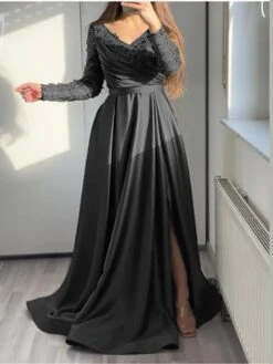 Women‘s Formal Party Dress Swing Dress A Line Dress Long Dress Maxi Dress Black Green Long Sleeve Pure Color Patchwork Winter Fall Spring V Neck Fashion Winter Dress Evening Party 2023 S M L XL 2XL -Tesla Style uggvug1669449976423