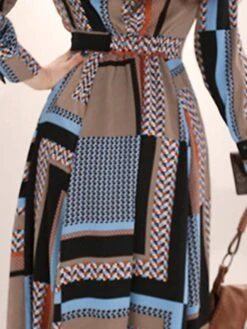 Women's Work Dress Sheath Dress Swing Dress Fashion Winter Dress Office Daily Long Dress Maxi Dress Button Print V Neck Long Sleeve Stripe Print Regular Fit Khaki Fall Winter S M L XL -Tesla Style ugisae1695030997569