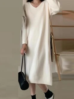 Women's Sweater Dress Jumper Dress Casual Dress Midi Dress Fashion Pure Color Outdoor Daily Vacation Going Out V Neck Long Sleeve Patchwork 2023 Regular Fit Black White Pink One Size -Tesla Style ugodmw1695351275390