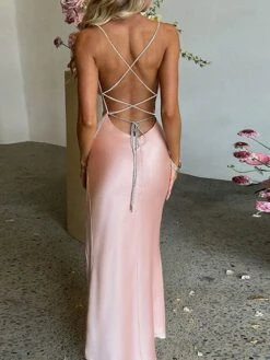 Women's Party Dress Homecoming Dress Satin Dress Pink Dress Long Dress Maxi Dress Black Sleeveless Pure Color Lace Up Summer Spring Fall Spaghetti Strap Fashion Party Birthday Evening Party Slim 2023 -Tesla Style ugtlpo1669448381385