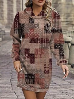 Women's Casual Dress Hoodie Dress Mini Dress Warm Fashion Outdoor Vacation Going Out Hoodie Pocket Print Geometric Regular Fit Wine Blue Khaki S M L XL XXL -Tesla Style uguatz1695808198295