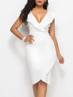 Women's Party Dress Sheath Dress Midi Dress Black White Yellow Sleeveless Pure Color Ruffle Summer Spring V Neck Hot Slim 2022 S M L XL XXL 3XL