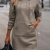 Women's Casual Dress Hoodie Dress Mini Dress Active Daily Outdoor Holiday Vacation V Neck Pocket Solid Color Loose Fit Black Brown Chocolate S M L XL XXL -Tesla Style uhewos1694427867948