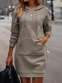 Women's Casual Dress Hoodie Dress Mini Dress Active Daily Outdoor Holiday Vacation V Neck Pocket Solid Color Loose Fit Black Brown Chocolate S M L XL XXL