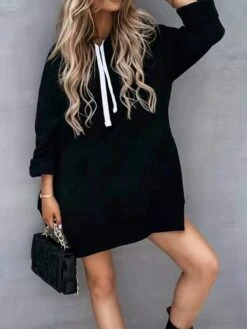 Women's Casual Dress Hoodie Dress Plain Dress Mini Dress Pocket Split Outdoor Street Daily Active Fashion Hooded Long Sleeve 2023 Loose Fit Black White Orange Color S M L XL XXL Size -Tesla Style uhvhic1693558027063