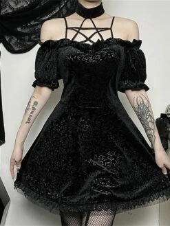 Women's Party Dress Velvet Dress Cocktail Dress Mini Dress Black Short Sleeve Pure Color Lace Spring Fall Winter Halter Neck Fashion Halloween Birthday Wedding Guest 2023 S M L