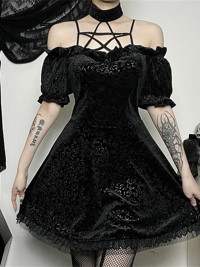 Women's Party Dress Velvet Dress Cocktail Dress Mini Dress Black Short Sleeve Pure Color Lace Spring Fall Winter Halter Neck Fashion Halloween Birthday Wedding Guest 2023 S M L 3 Women's Party Dress Velvet Dress Cocktail Dress Mini Dress Black Short Sleeve Pure Color Lace Spring Fall Winter Halter Neck Fashion Halloween Birthday Wedding Guest 2023 S M L