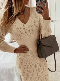 Women's Sweater Dress Winter Dress Jumper Dress Midi Dress Eyelet Ribbed Daily Date Going Out Fashion Basic V Neck Long Sleeve 2023 Loose Fit Apricot Coffee Color M L XL XXL 3XL Size -Tesla Style uibpwl1692172794917