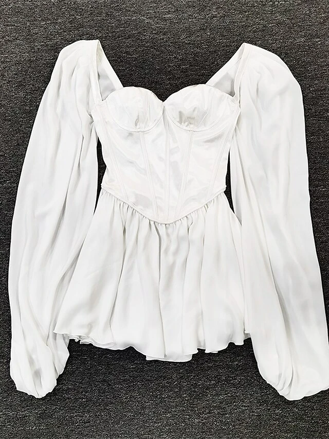 Women's Party Dress Corset Dress Cocktail Dress Mini Dress White Long Sleeve Pure Color Ruched Fall Autumn Square Neck Fashion Winter Dress Birthday Wedding Guest 2023 M L XL 6 Women's Party Dress Corset Dress Cocktail Dress Mini Dress White Long Sleeve Pure Color Ruched Fall Autumn Square Neck Fashion Winter Dress Birthday Wedding Guest 2023 M L XL - Image 4